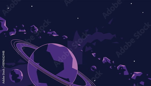 Purple planet with rings and asteroids in a dark starry space.