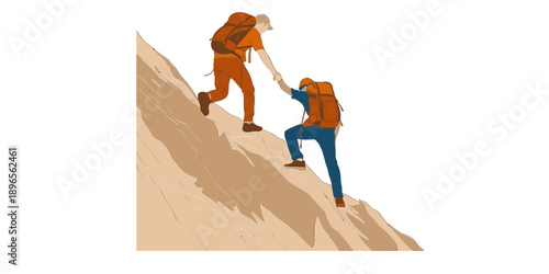 Two hikers showing teamwork and support while climbing a steep mountain trail