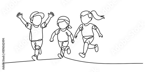 Happy children joyfully running a race together in a continuous line drawing