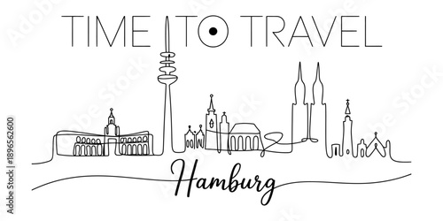Time to travel hamburg: a continuous line art illustration of the city's iconic skyline