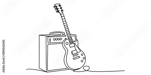 Continuous line drawing of an electric guitar leaning on a music amplifier