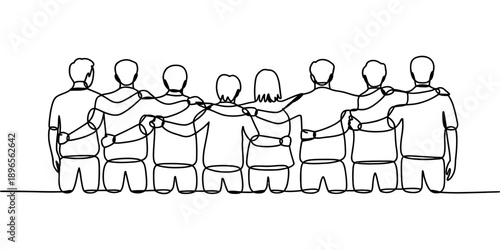 Continuous line drawing of a diverse group of friends standing together, symbolizing unity and support