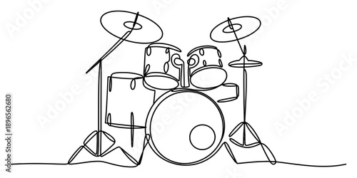A continuous line drawing of a complete drum set, capturing the essence of rhythm and music