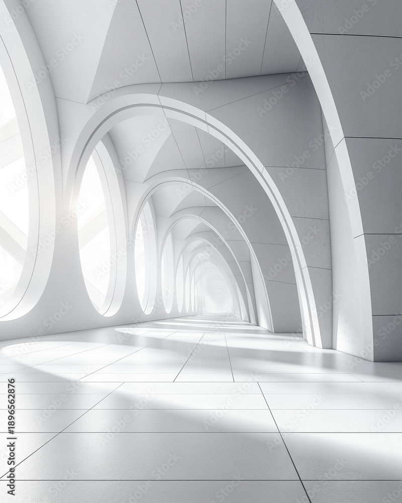 Fototapeta premium Futuristic white architectural corridor with repeating arches and clean design