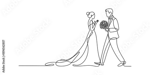 Groom presenting bouquet to bride in a beautiful continuous line art illustration