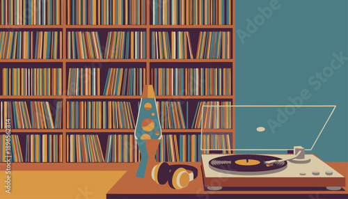 Retro music room with vinyl records and turntable.