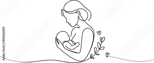 Mother and baby line art vector illustration, mothers day celebration background. one line Art icon drawing vector