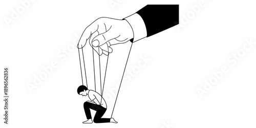 A giant hand manipulates a small human figure like a puppet with strings