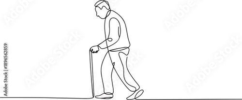 old man walking with stick, Hand drawn illustration. one line Art icon drawing vector