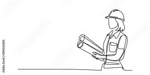 Continuous line drawing of a female engineer holding blueprints and wearing a hard hat