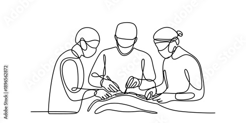 Continuous line art of a surgical team performing an operation in a hospital