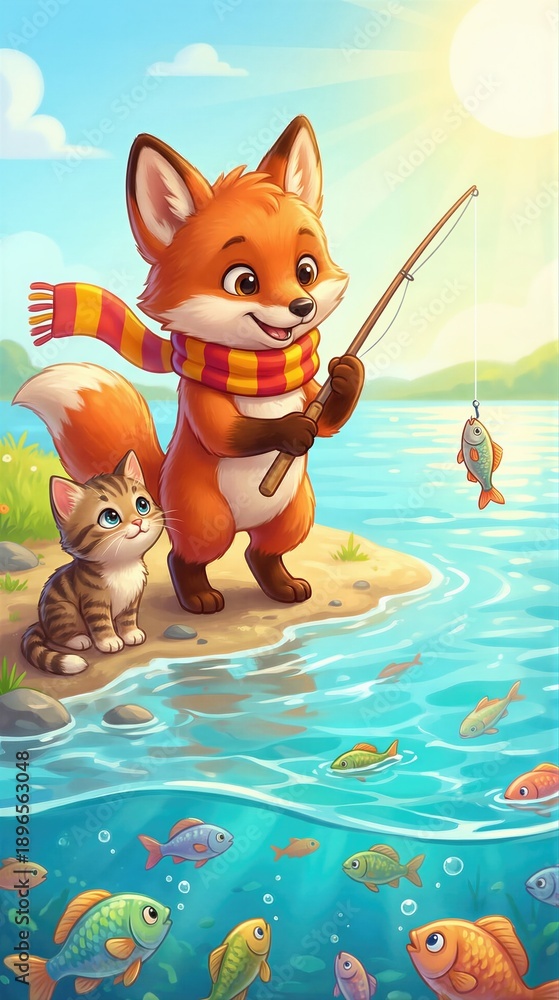 Fototapeta premium Fox and kitten fishing by the lake. Cute animal adventure storybook scene. Happy spring or summer outdoor activity for child.