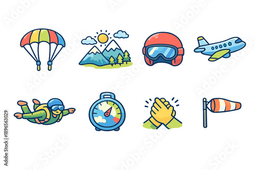 Collection of cartoon icons representing skydiving and aviation adventures