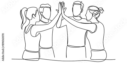 A continuous line drawing of four people celebrating success with a group high five gesture