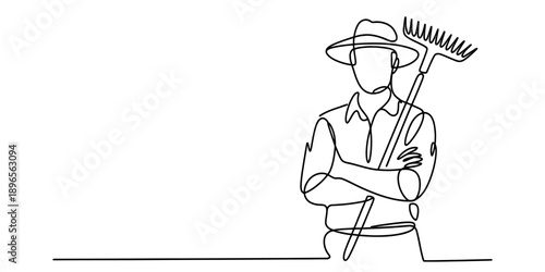 Continuous line drawing of a gardener or farmer holding a rake, ready for work