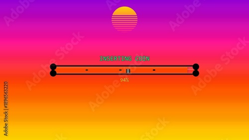 Progress bar animation shows coin insertion with sunset background in vibrant colors on a digital display
