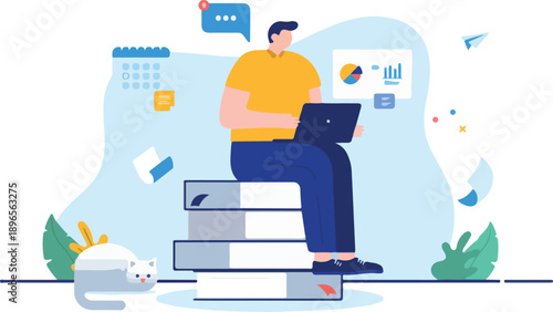 Learning online - Man studying and taking internet course education with laptop sitting on books. Flat design cartoon illustration with white background