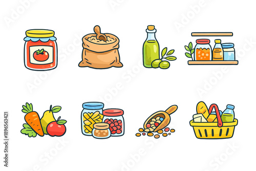 Collection of cute cartoon grocery items and pantry staples in a flat design style