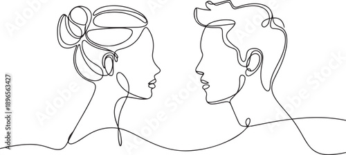 Continuous line, drawing of set faces and hairstyle, fashion concept, woman and man beauty minimalist, one line Art icon drawing vector