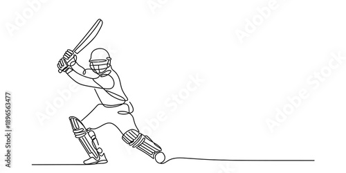 A continuous line art drawing of a dynamic cricket batsman preparing to hit the ball during a game