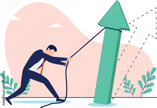  Change direction of business - Businessman person pulling, improving and helping green arrow to point up towards growth, success and being financial profitable. Flat design vector stock illustration.