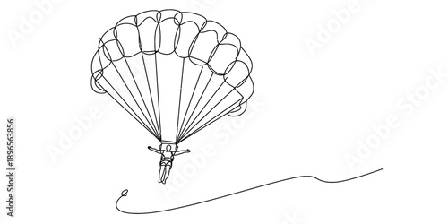 Continuous line drawing of a person skydiving with an open parachute