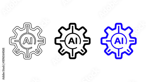 Artificial Intelligence AI Gear Icons in Outline and Solid Styles for Machine Learning and Technology Automation