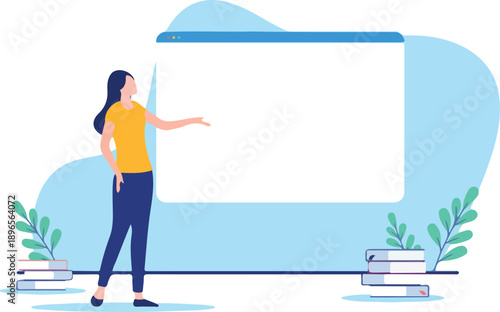  Presenting blank web page - Woman standing with empty internet browser, write your own text template. Flat design vector illustration with white background.