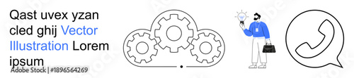 Technology solutions, business operations, communication, workflow management, innovation, cloud systems. Gears in a cloud, a person holding a bulb and a phone symbol. Business operations