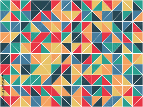 Vibrant geometric pattern of colorful triangles creating a lively abstract background.