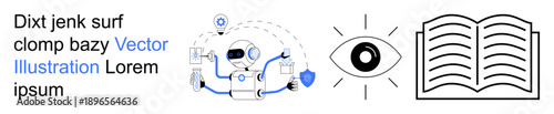 Artificial intelligence, cybersecurity, data sharing, education, vision, reading. Robot with data icons, eye symbol and open book. Artificial intelligence and cybersecurity conceptual