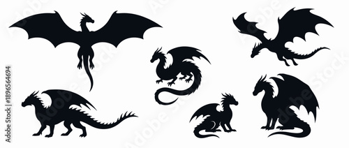 Set of six majestic dragons in various flying and standing poses