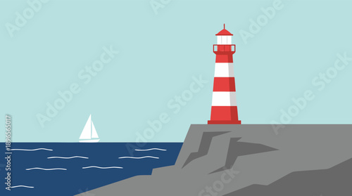 Red and white striped lighthouse on a rocky shore with a sailboat in the distance.