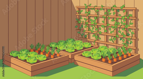 Raised Garden Beds with Trellis Against Wooden Fence.