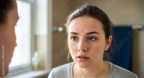 Free Download Woman looking at her reflection in mirror with acne on her forehead. Skin problem and dermatology concept. - GFXLoad