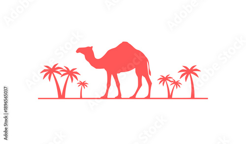 Camel vector illustration in desert landscape with sunset and palm trees