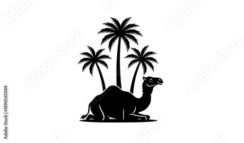 Camel in a desert landscape with palm trees under a tropical sunset sky