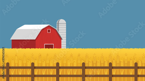 Red Barn and Silo in a Golden Field.