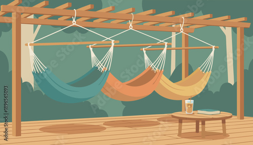 Relaxing Hammock Setup on a Wooden Deck.