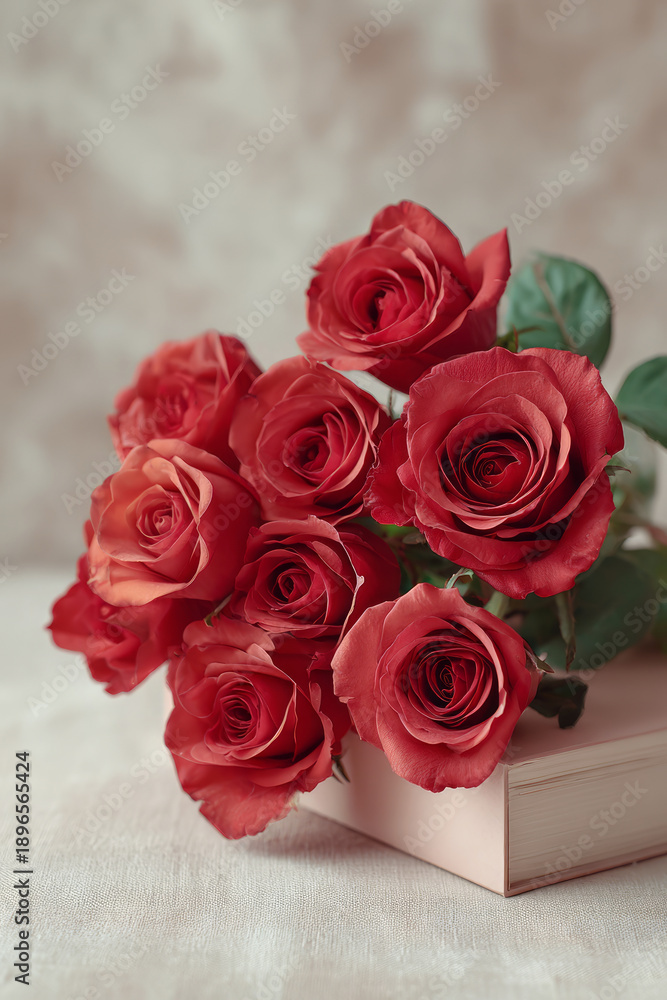 Fototapeta premium A beautiful bouquet of deep red roses rests on a pale pink book, evoking romance and elegance