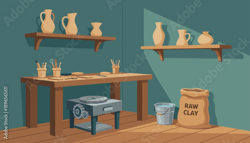 Pottery Studio with Tools and Supplies.