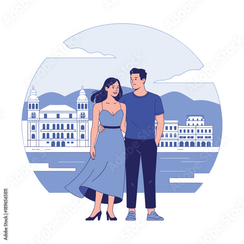 Romantic Couple Walking Cityscape Love Travel Illustration Vector