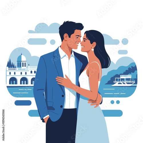 Romantic Couple Embracing Cityscape Love Relationship Illustration Vector