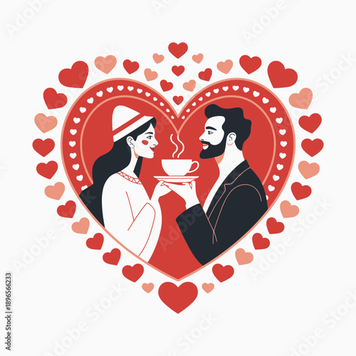 Romantic Couple Drinking Coffee Heart Frame Valentine Love Illustration Vector