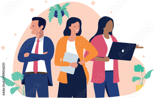 Diverse business team with man and two women, confidently posing and looking forward, representing a successful and collaborative professional workforce. Flat design vector illustration.