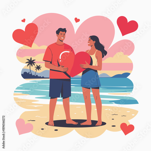 Romantic Couple on Beach Valentine Love Illustration Vector