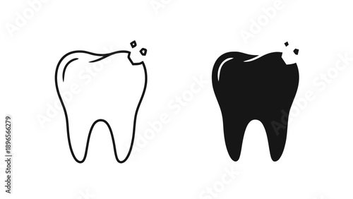 Vector illustration of a chipped or damaged tooth icon in line and solid styles, on transparent background