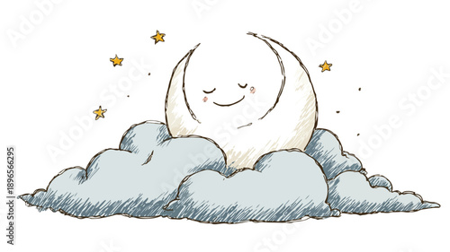 Charming Cartoon Moon and Clouds in Wide Angle Center View