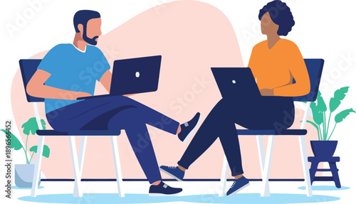 Two people sitting doing work with laptops - Focused man and woman colleagues working on computers together on chairs. Co-working and teamwork concept in flat design vector illustration.