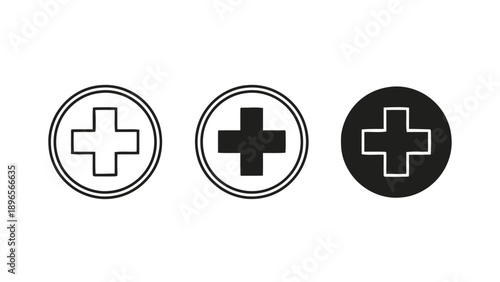 Vector illustration of, three medical cross icons in circles on transparent background, for health and first aid applications